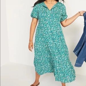 Old Navy Green Floral Puff-Sleeve Button-Front Midi Swing Dress